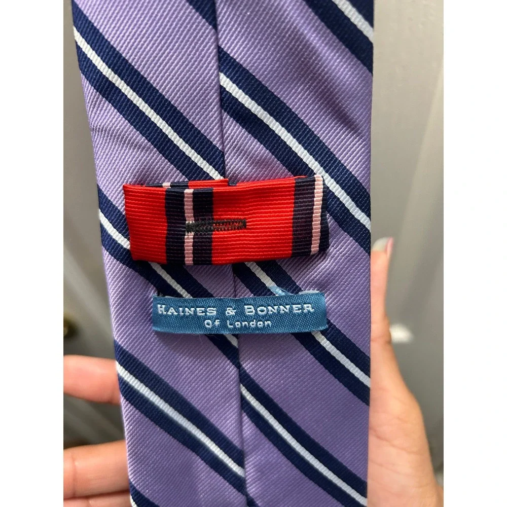 Haines & Bonner London 100% Silk Handmade Purple Striped Necktie Mens